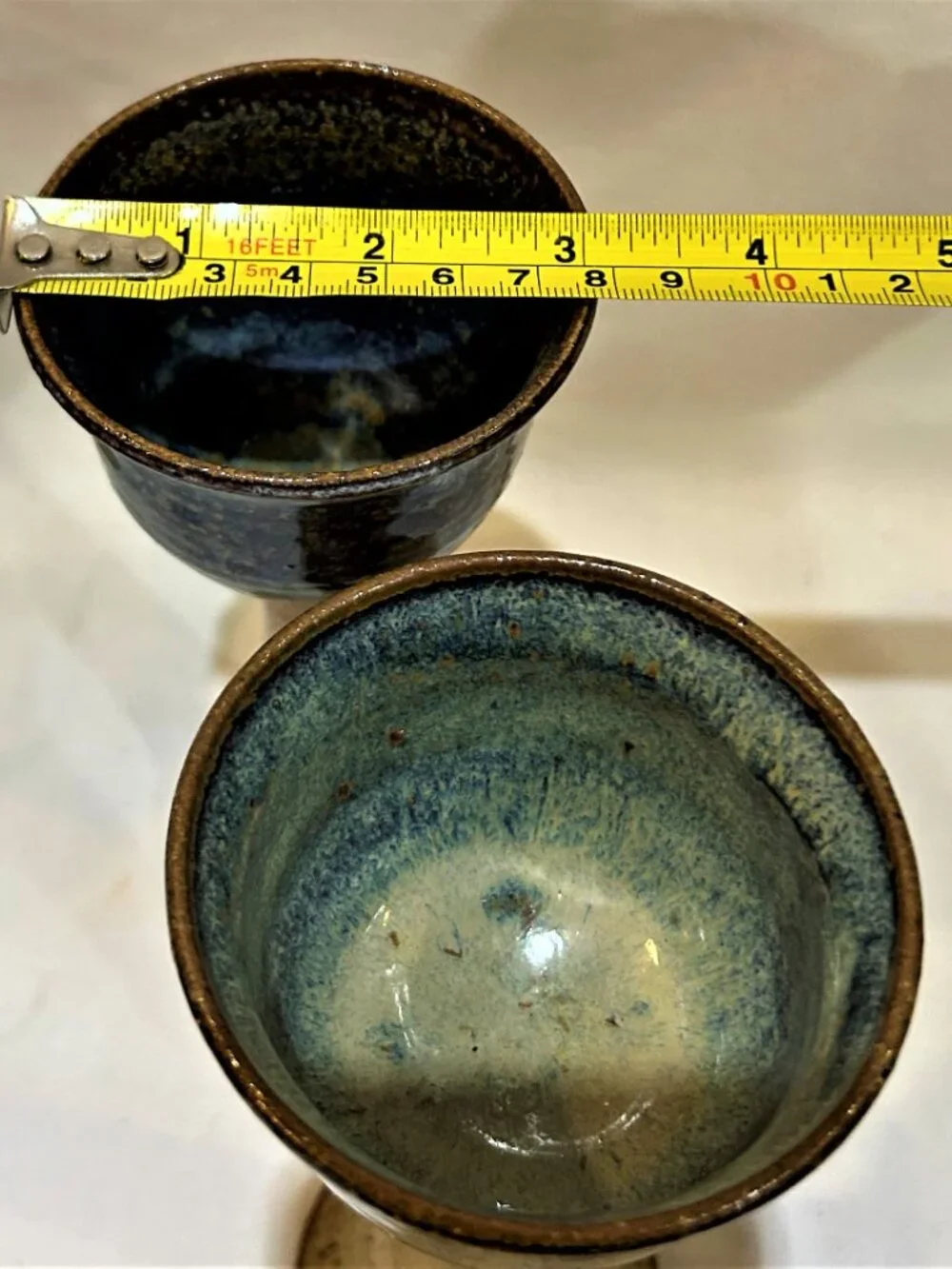 Pair of Studio Art Pottey Drip Glaze Pottery Wine Goblets Artist Signed